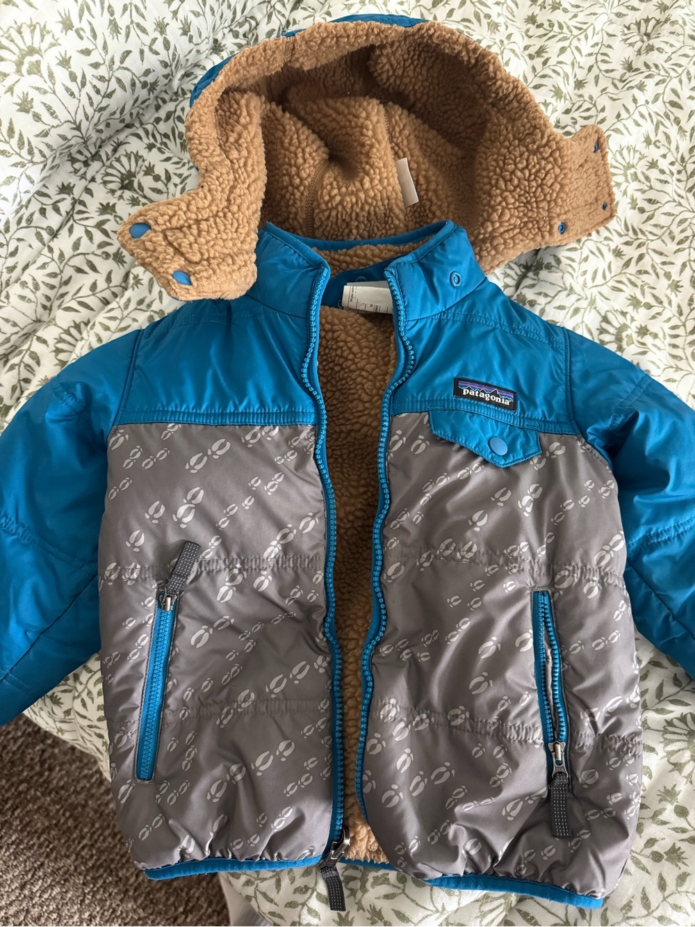 Patagonia Toddler Teal and Gray Sherpa-Lined Puffer Jacket